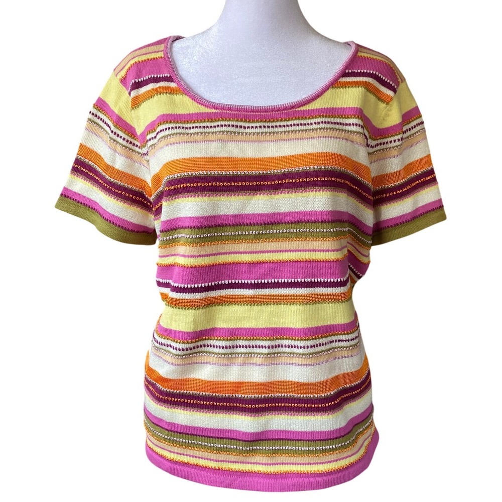 Vintage Y2K Embroidered‎ Striped Knit Top XL Indie Artsy Twee Grannycore 90s